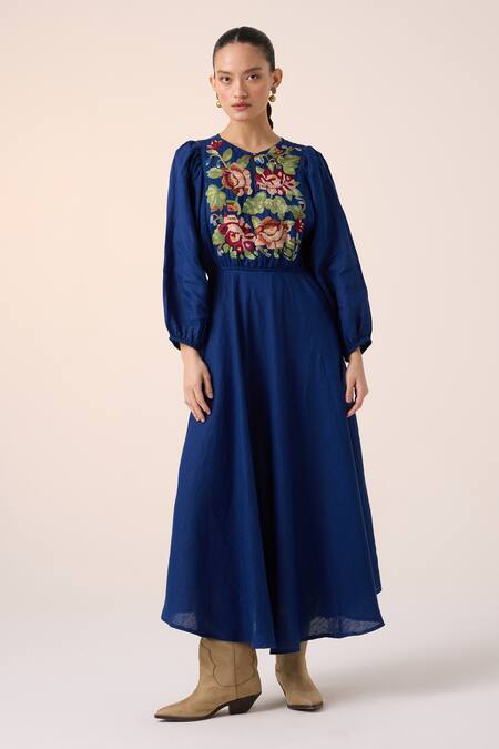 Cord_Blue Linen Embroidery Round Neck Emma Rose Dress_Online_at_Aza_Fashions