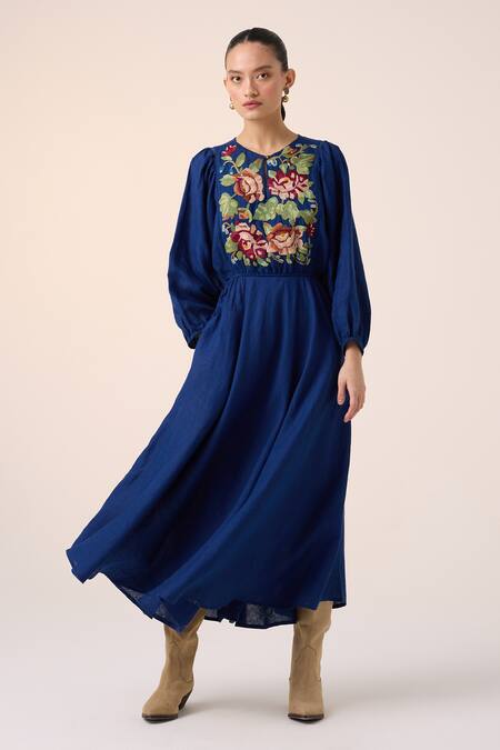 Buy_Cord_Blue Linen Embroidery Round Neck Emma Rose Dress_Online_at_Aza_Fashions