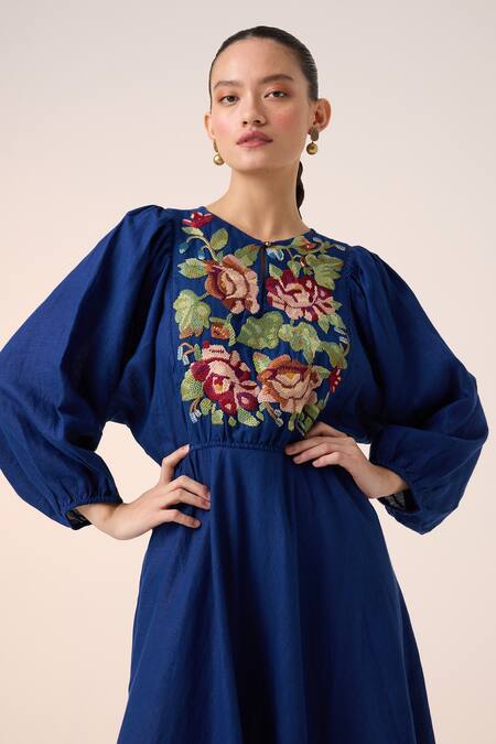 Shop_Cord_Blue Linen Embroidery Round Neck Emma Rose Dress_Online_at_Aza_Fashions