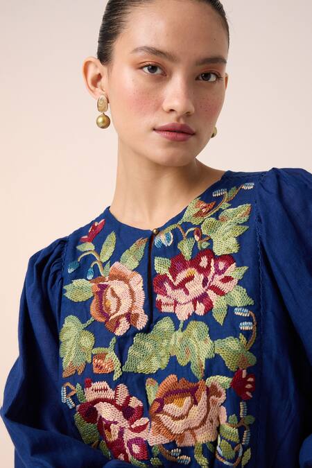 Cord_Blue Linen Embroidery Round Neck Emma Rose Dress_at_Aza_Fashions