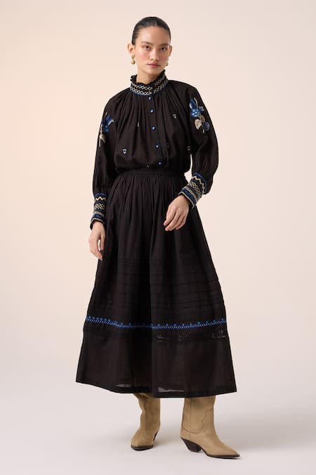 Cord Farmer Thread Embroidered Top With Skirt 