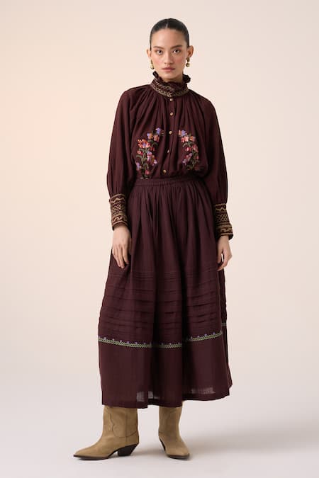 Cord Farmer Pixel Embroidered Top With Skirt 