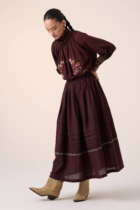Shop_Cord_Maroon Cotton Lace, Smocking Bandeau Farmer Pixel Embroidered Top With Skirt_at_Aza_Fashions