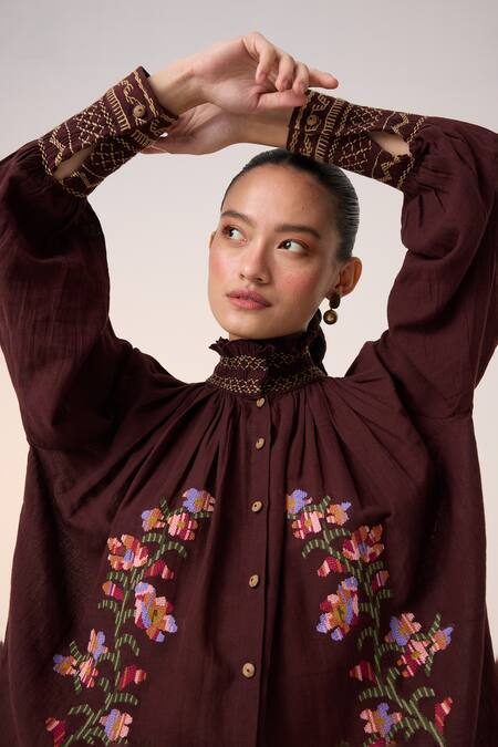 Shop_Cord_Maroon Cotton Lace, Smocking Bandeau Farmer Pixel Embroidered Top With Skirt_Online_at_Aza_Fashions