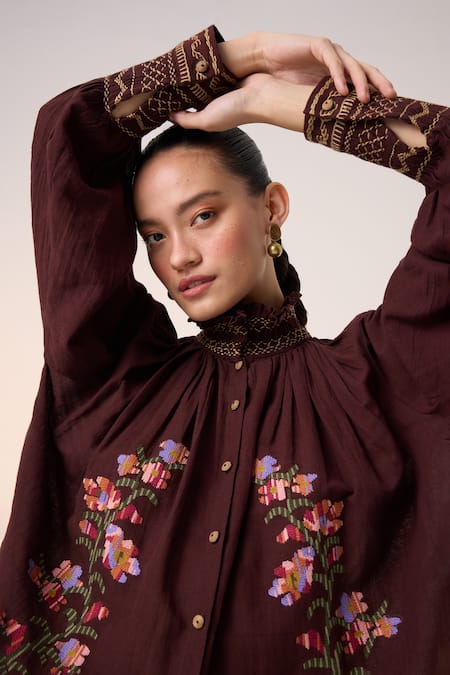 Cord_Maroon Cotton Lace, Smocking Bandeau Farmer Pixel Embroidered Top With Skirt_at_Aza_Fashions