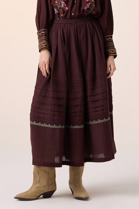 Shop_Cord_Maroon Cotton Lace, Smocking Bandeau Farmer Pixel Embroidered Top With Skirt