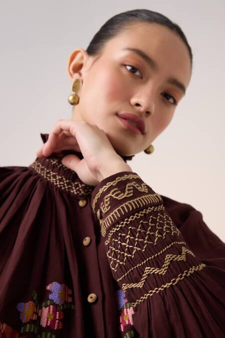 Cord_Maroon Cotton Embroidery Bandeau Neck Farmer Pixel Top_at_Aza_Fashions