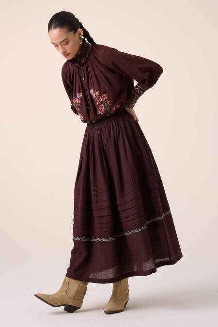 Buy_Cord_Maroon Cotton Embroidery Bandeau Neck Farmer Pixel Top