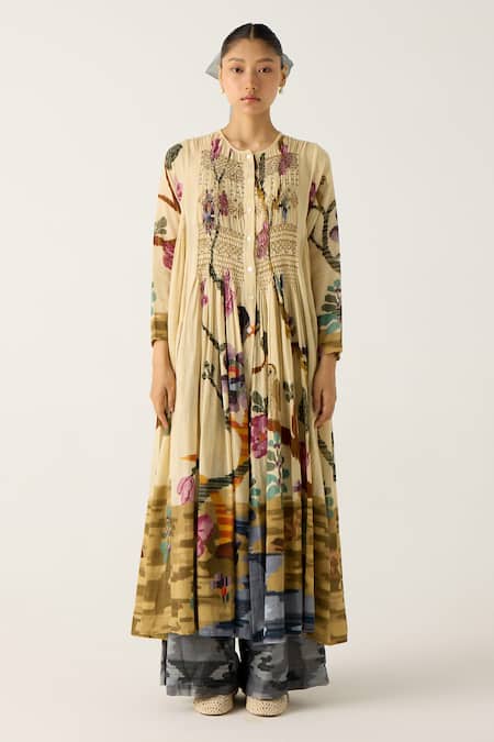 Cord_Ivory Cotton Embroidery Round Neck Frida Safari Print Kurta With Camo Pant_Online_at_Aza_Fashions