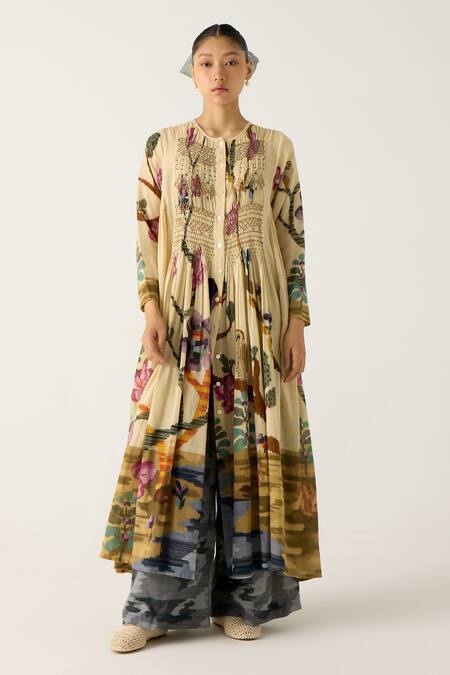 Buy_Cord_Ivory Cotton Embroidery Round Neck Frida Safari Print Kurta With Camo Pant_Online_at_Aza_Fashions