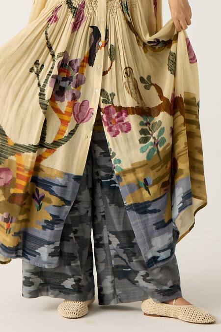 Shop_Cord_Ivory Cotton Embroidery Round Neck Frida Safari Print Kurta With Camo Pant_Online_at_Aza_Fashions