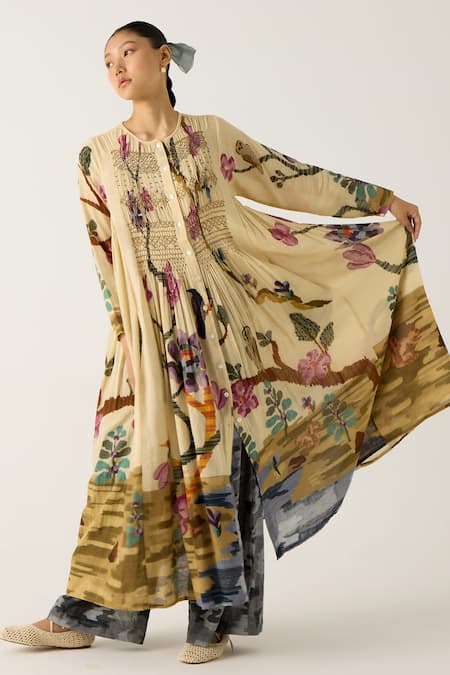 Cord_Ivory Cotton Embroidery Round Neck Frida Safari Print Kurta With Camo Pant_at_Aza_Fashions