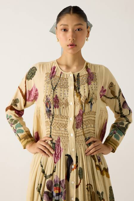 Buy_Cord_Ivory Cotton Embroidery Round Neck Frida Safari Print Kurta With Camo Pant