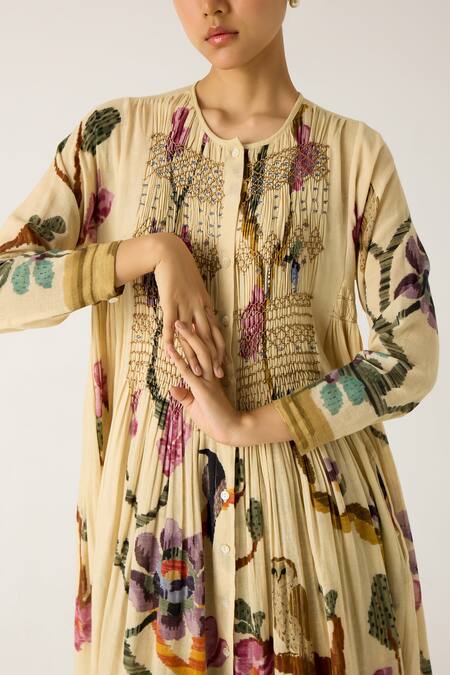 Shop_Cord_Ivory Cotton Embroidery Round Neck Frida Safari Print Kurta With Camo Pant