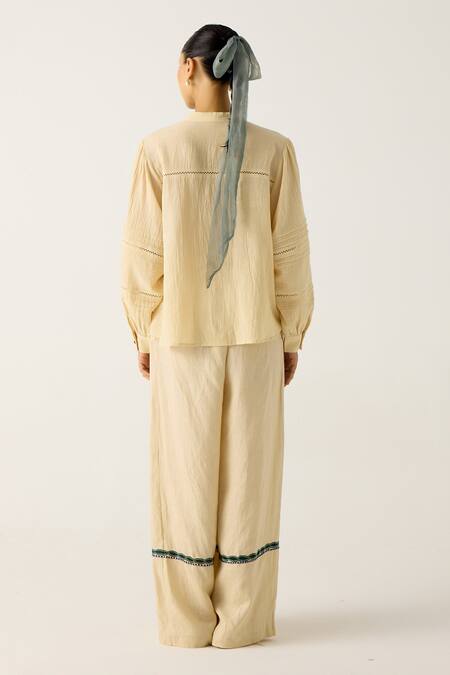 Shop_Cord_Ivory Cotton Embroidery, Lace Mandarin Collar Hazel Floral Top With Pant_at_Aza_Fashions