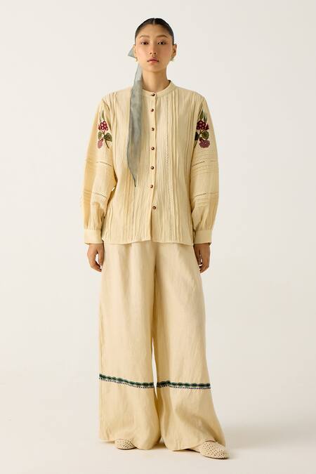 Cord_Ivory Cotton Embroidery, Lace Mandarin Collar Hazel Floral Top With Pant_Online_at_Aza_Fashions