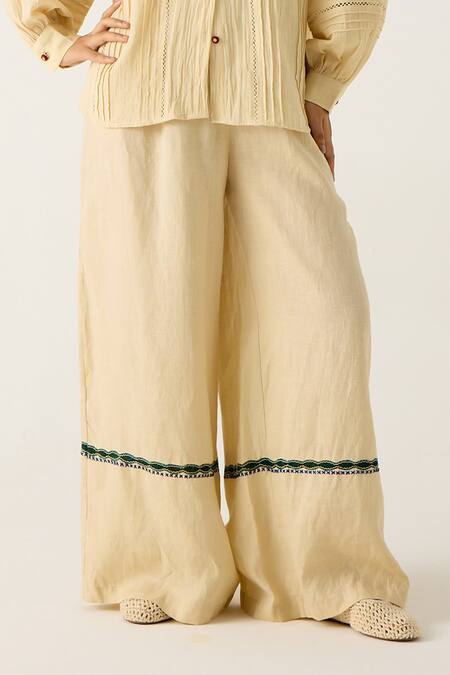 Buy_Cord_Ivory Cotton Embroidery, Lace Mandarin Collar Hazel Floral Top With Pant_Online_at_Aza_Fashions