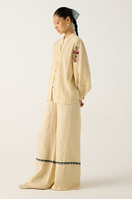 Shop_Cord_Ivory Cotton Embroidery, Lace Mandarin Collar Hazel Floral Top With Pant_Online_at_Aza_Fashions