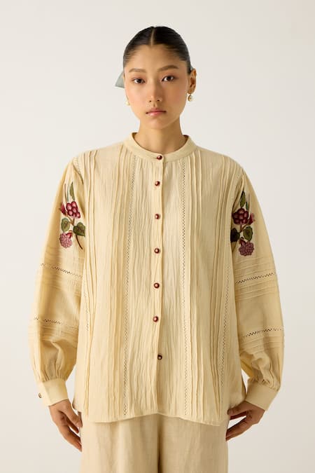 Cord_Ivory Cotton Embroidery, Lace Mandarin Collar Hazel Floral Top With Pant_at_Aza_Fashions