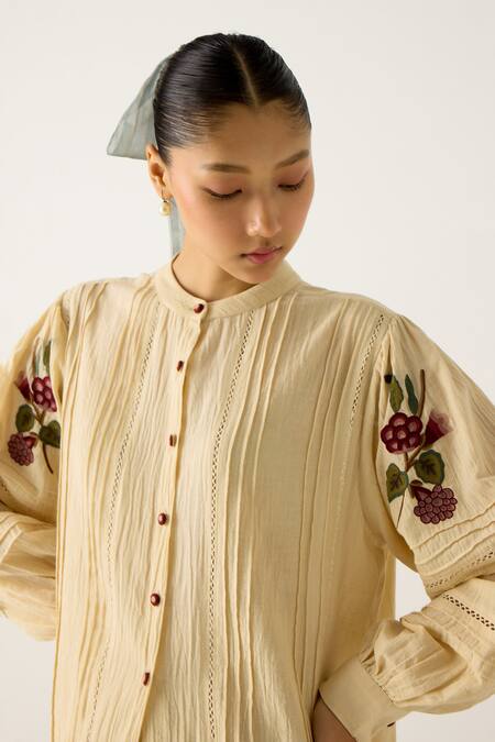 Buy_Cord_Ivory Cotton Embroidery, Lace Mandarin Collar Hazel Floral Top With Pant