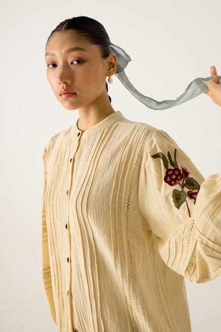 Shop_Cord_Ivory Cotton Embroidery, Lace Mandarin Collar Hazel Floral Top With Pant