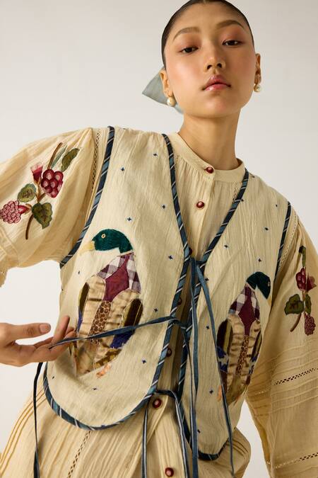 Cord_Ivory Cotton Embroidery, Applique Open Neck Janet Duck Gilet_Online_at_Aza_Fashions