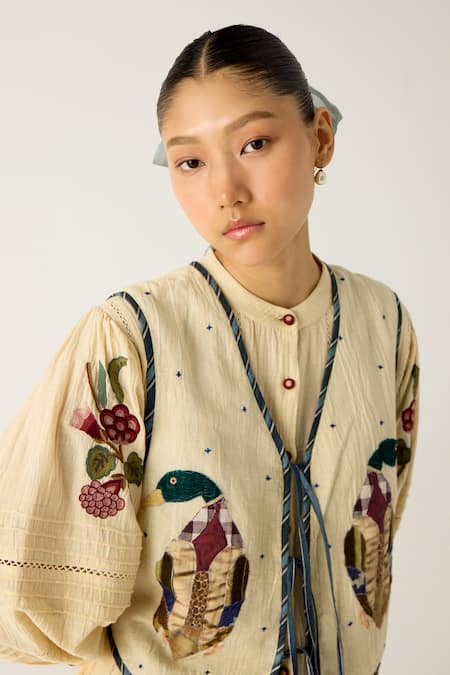 Buy_Cord_Ivory Cotton Embroidery, Applique Open Neck Janet Duck Gilet_Online_at_Aza_Fashions