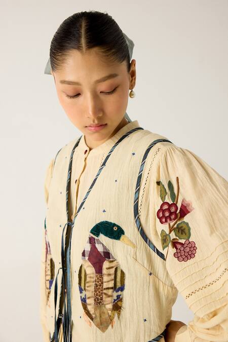 Cord_Ivory Cotton Embroidery, Applique Open Neck Janet Duck Gilet_at_Aza_Fashions