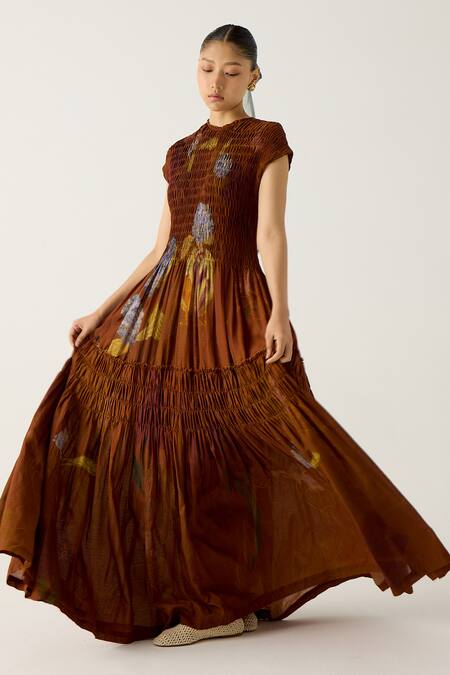 Cord_Brown Cotton Round Neck July Foliage Print Tiered Dress_Online_at_Aza_Fashions