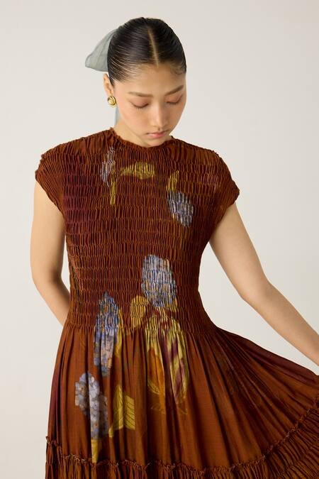 Buy_Cord_Brown Cotton Round Neck July Foliage Print Tiered Dress_Online_at_Aza_Fashions