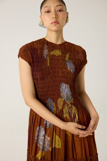 Shop_Cord_Brown Cotton Round Neck July Foliage Print Tiered Dress_Online_at_Aza_Fashions