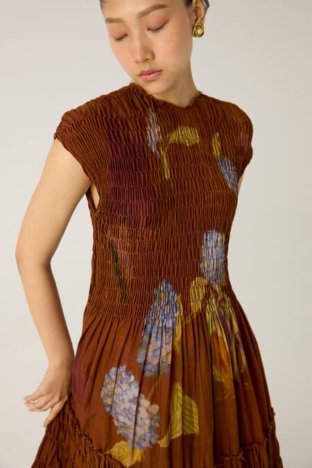 Cord_Brown Cotton Round Neck July Foliage Print Tiered Dress_at_Aza_Fashions