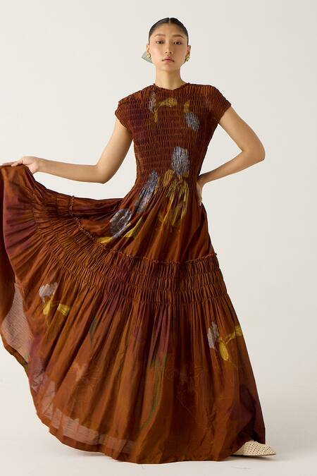 Buy_Cord_Brown Cotton Round Neck July Foliage Print Tiered Dress
