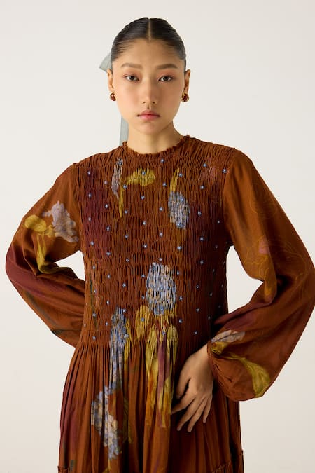 Buy_Cord_Brown Cotton Beads Round Neck July Tiered Foliage Print Dress_Online_at_Aza_Fashions