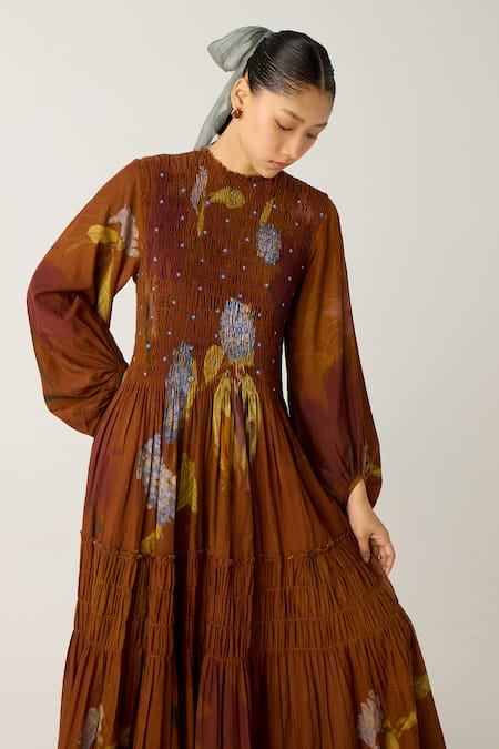 Shop_Cord_Brown Cotton Beads Round Neck July Tiered Foliage Print Dress_Online_at_Aza_Fashions