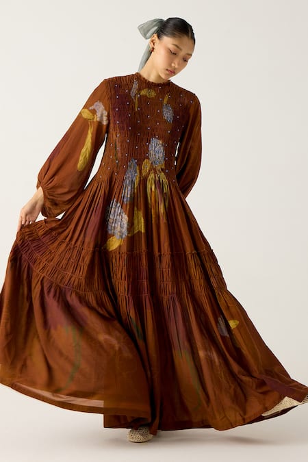 Cord_Brown Cotton Beads Round Neck July Tiered Foliage Print Dress_at_Aza_Fashions