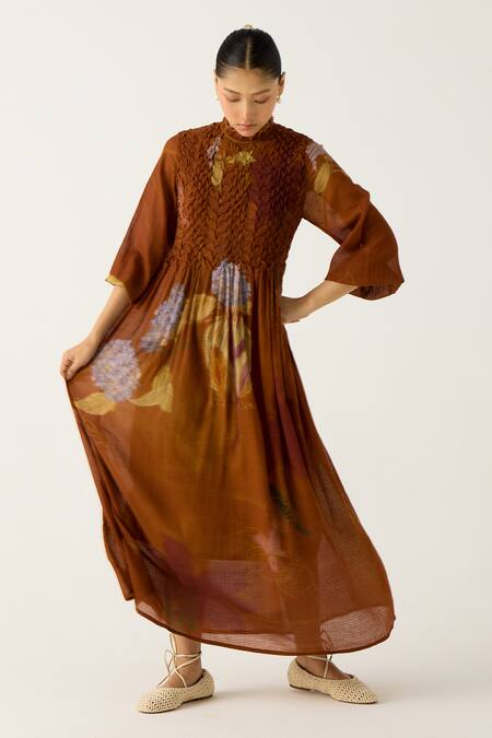 Buy_Cord_Brown Cotton Embroidery Collared July Foliage Print Dress_Online_at_Aza_Fashions
