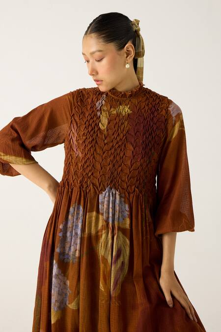 Shop_Cord_Brown Cotton Embroidery Collared July Foliage Print Dress_Online_at_Aza_Fashions