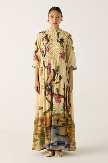 Cord_Ivory Cotton Embroidery Collared July Safari Print Dress_Online_at_Aza_Fashions