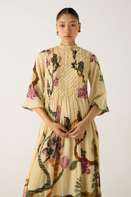 Cord_Ivory Cotton Embroidery Collared July Safari Print Dress_at_Aza_Fashions