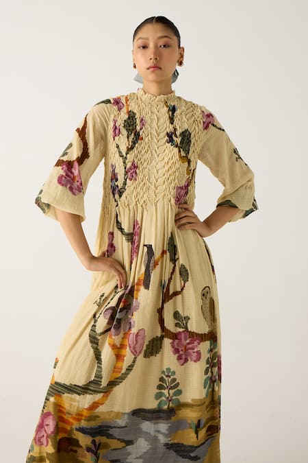 Buy_Cord_Ivory Cotton Embroidery Collared July Safari Print Dress