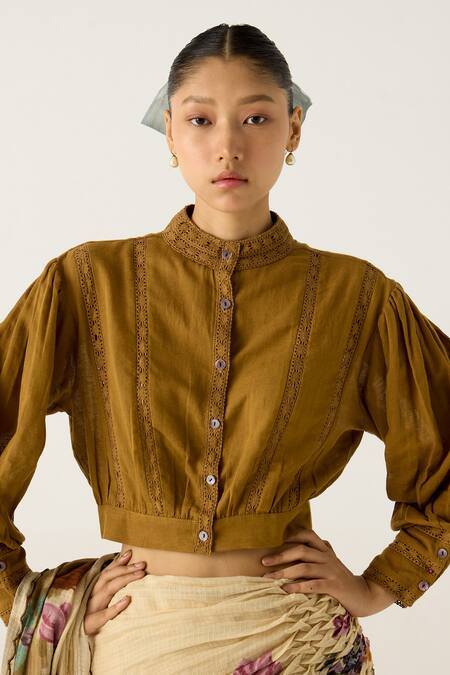 Shop_Cord_Brown Cotton Lace Round Neck Lily Cropped Top_Online_at_Aza_Fashions