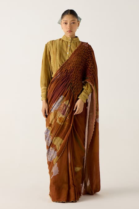 Cord_Brown Cotton Lace Round Neck Lily Embroidered Top_Online_at_Aza_Fashions