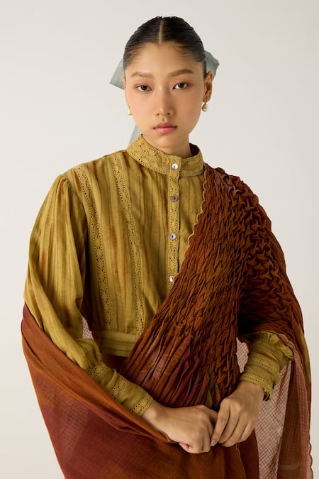 Buy_Cord_Brown Cotton Lace Round Neck Lily Embroidered Top_Online_at_Aza_Fashions