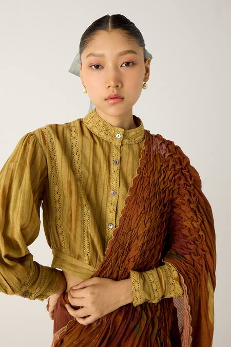 Shop_Cord_Brown Cotton Lace Round Neck Lily Embroidered Top_Online_at_Aza_Fashions