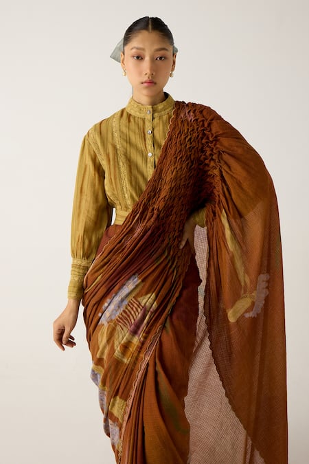 Cord_Brown Cotton Lace Round Neck Lily Embroidered Top_at_Aza_Fashions