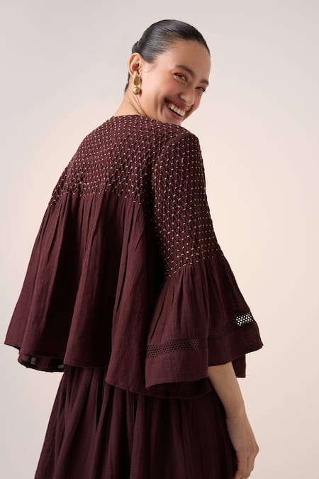 Shop Cord Maroon Cotton Embroidery Round Neck Louie Hem Top at Aza Fashions Shop_Cord_Maroon Cotton Embroidery Round Neck Louie Hem Top_at_Aza_Fashions