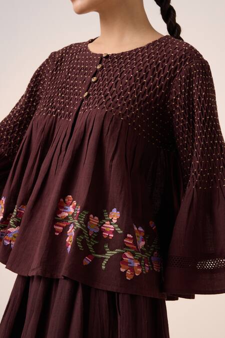 Shop Cord Maroon Cotton Embroidery Round Neck Louie Hem Top Online at Aza Fashions Shop_Cord_Maroon Cotton Embroidery Round Neck Louie Hem Top_Online_at_Aza_Fashions