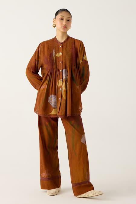 Cord Brown Cotton Print Foliage High Neck Nova Top With Pant