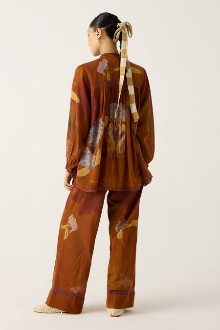 Shop Cord Brown Cotton Lace High Neck Nova Foliage Print Top With Pant at Aza Fashions Shop_Cord_Brown Cotton Lace High Neck Nova Foliage Print Top With Pant_at_Aza_Fashions